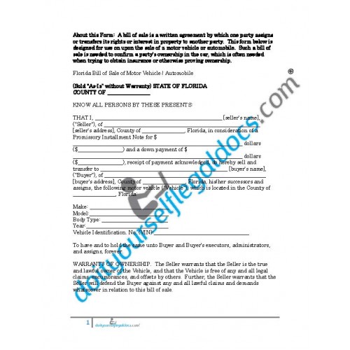 Bill of Sale of Motor Vehicle Automobile - Florida (Sold without ...
